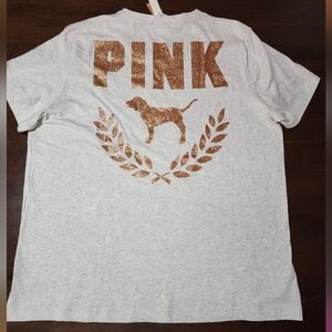 Vs Victorias Secret PINK Light Gray Gold Glitter Tee Size XXL